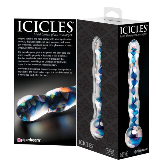 Icicles No. 08 - hullámos, kétvégű, üveg dildó (átlátszó-kék)