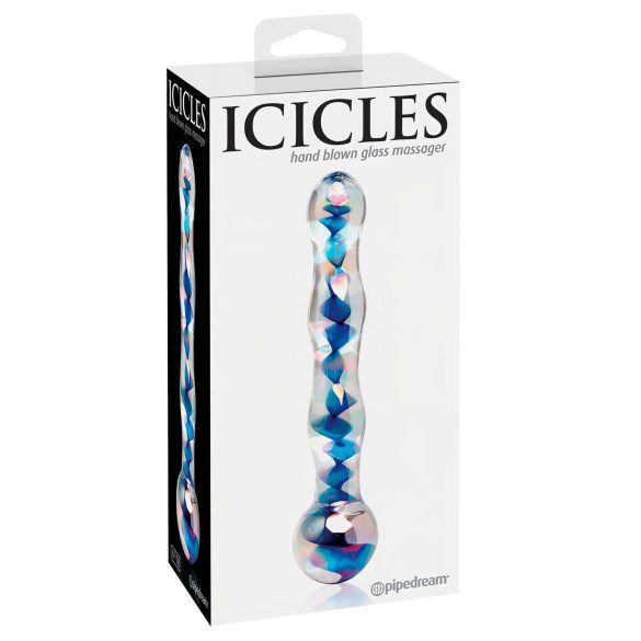 Icicles No. 08 - hullámos, kétvégű, üveg dildó (átlátszó-kék)