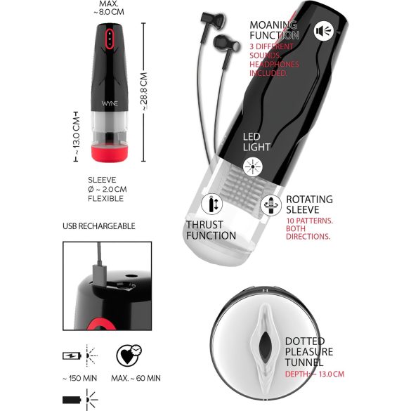 WYNE 05 - akkus, forgó maszturbátor (fekete-fehér)