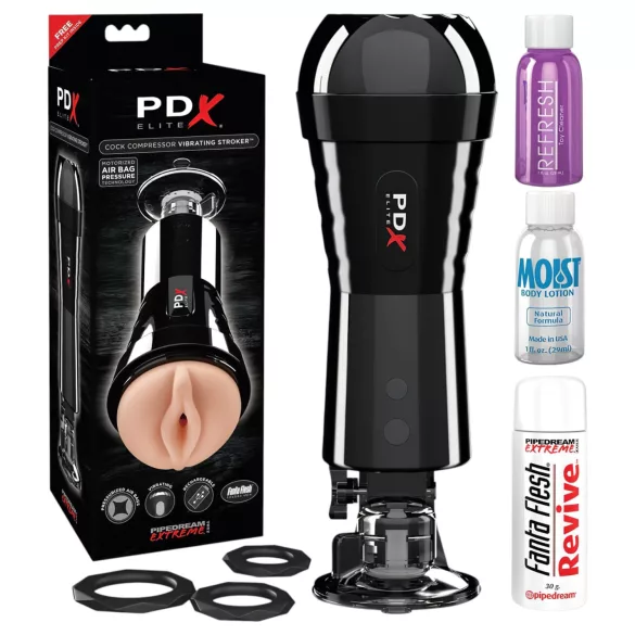 PDX Cock Compressor - szívó, vibráló punci maszturbátor (fekete)