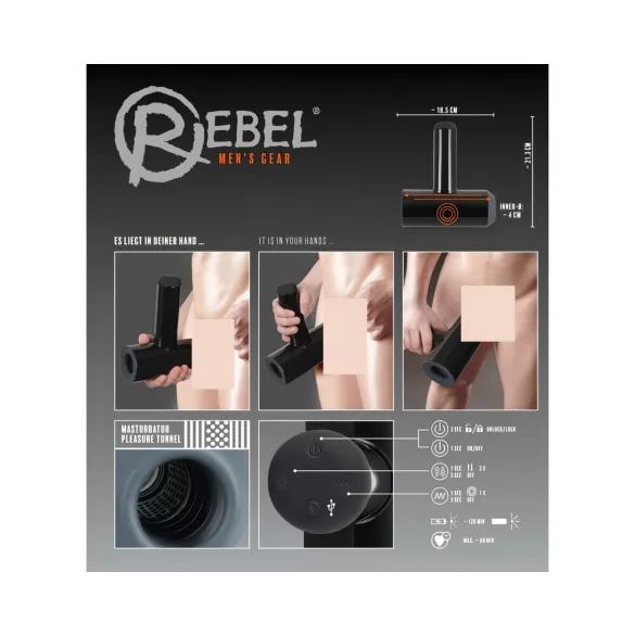 Rebel - akkus, fel-le mozgó, vibráló maszturbátor férfiaknak (fekete)
