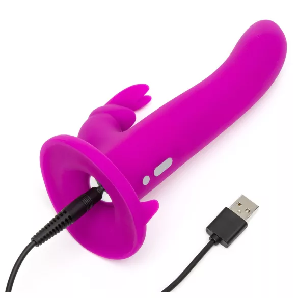 Happyrabbit Strap-On - nyuszis, csiklókaros felcsatolható vibrátor (lila)