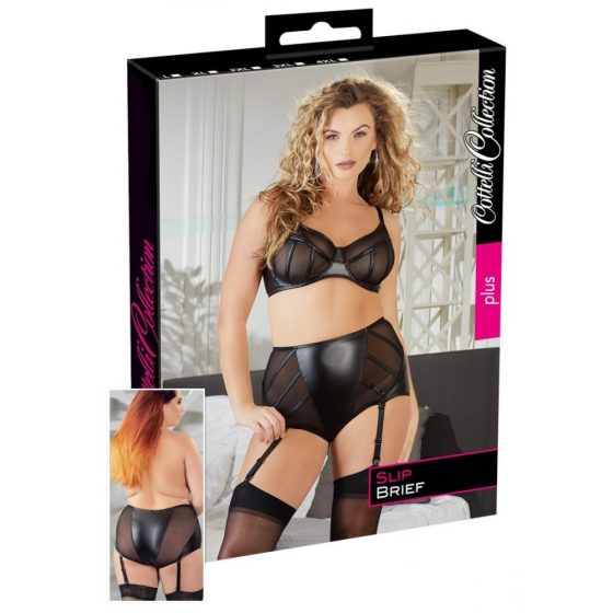 Cottelli Plus Size - fényes csíkos harisnyatartós alsó (fekete)
