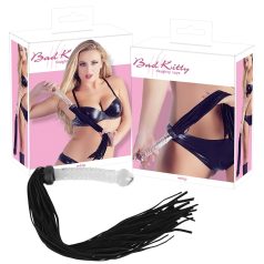 Bad Kitty - bőr korbács üveg dildóval (átlátszó-fekete)   Bad Kitty - bőr korbács üveg dildóval (átlátszó-fekete)