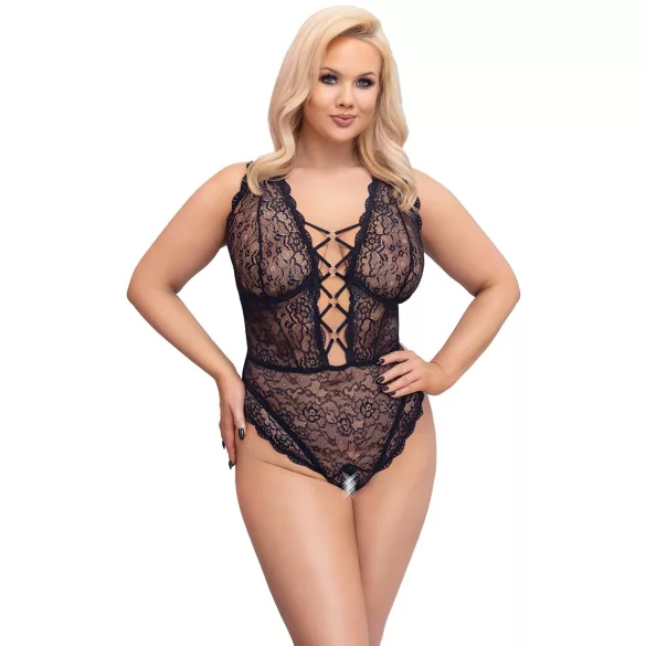 Cottelli Curves Plus Size - átlátszó mintás body (fekete)