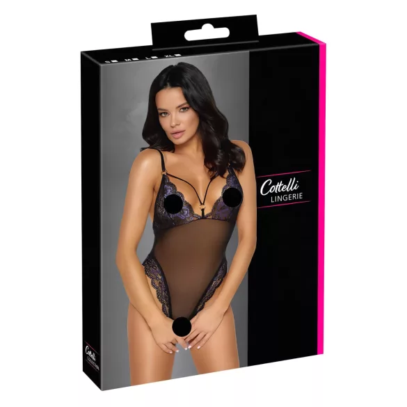 Cottelli - hímzett, nyitott csipke body (fekete-lila)
