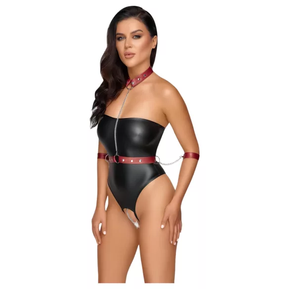Cottelli Bondage - fényes body + kar- és nyakrögzítő (fekete)