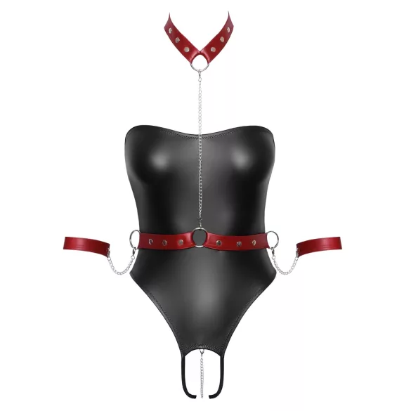 Cottelli Bondage - fényes body + kar- és nyakrögzítő (fekete)