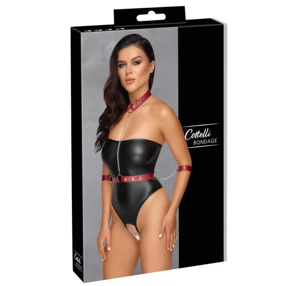 Cottelli Bondage - fényes body + kar- és nyakrögzítő (fekete)