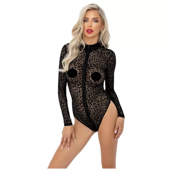Noir - leopárd mintás, hosszúujjú body (fekete)
