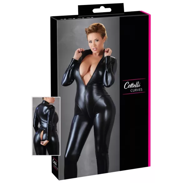 Cottelli Plus Size - fényes hosszúujjú party overál, macskanő jelmez (fekete)