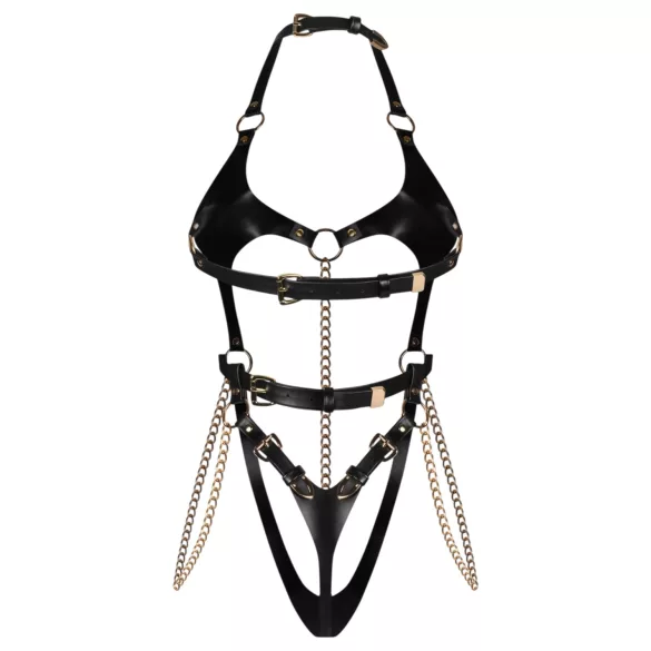 Obsessive Anyya - láncos bőrhatásű pántos body (fekete)