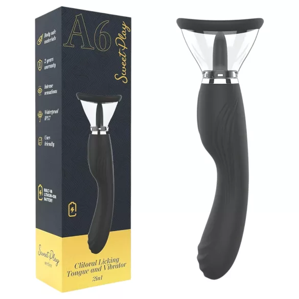 Erospace Sweet Play - 2in1 csiklóizgató vibrátor nyelvvel és szívással (fekete)