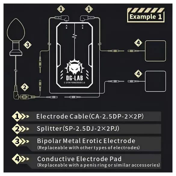DG-LAB - elektróda elosztó 2,5 mm-es aljzatról 2 mm-esre (fekete)