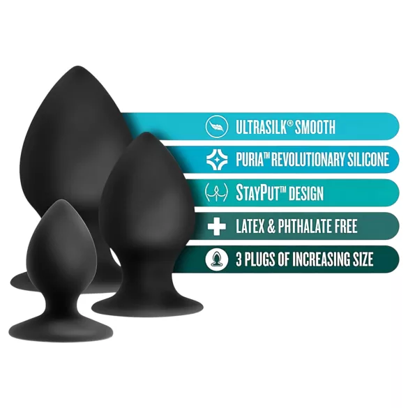Anal Adventures Platinum Stout - anál plug szett - 3db (fekete)