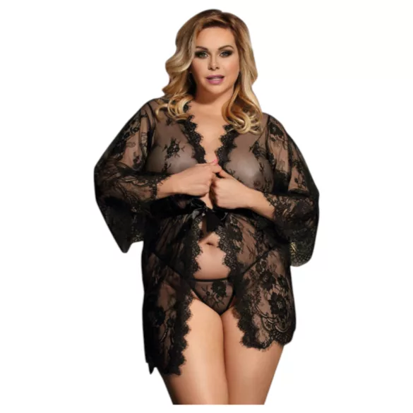 Subblime Queen Plus - csipke köntös szett (fekete, XL-2XL)