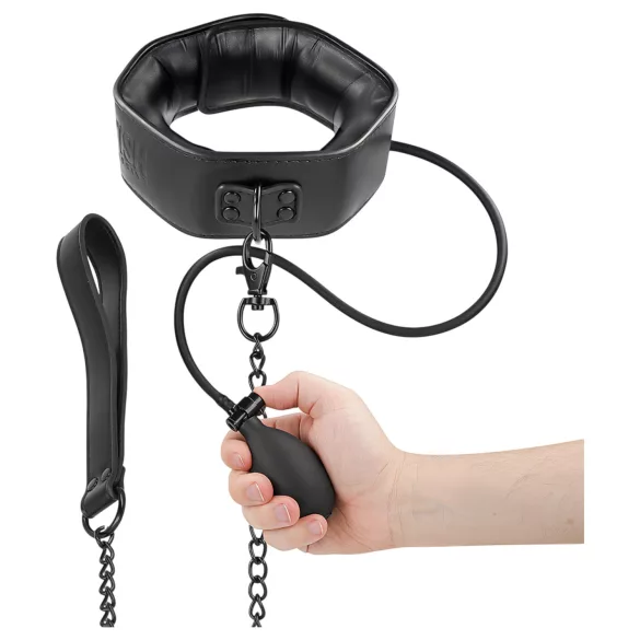 Fetish - felpumpálható nyakörv pórázzal (fekete)