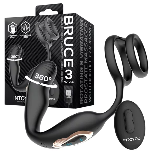 IntoYou Bruce - rádiós forgó prosztata vibrátor dupla gyűrűvel (fekete)