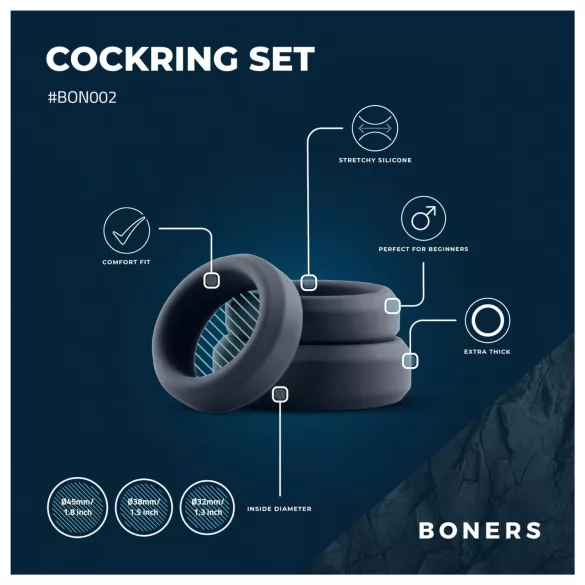 Boners - szilikon péniszgyűrű szett - 3 db (szürke)