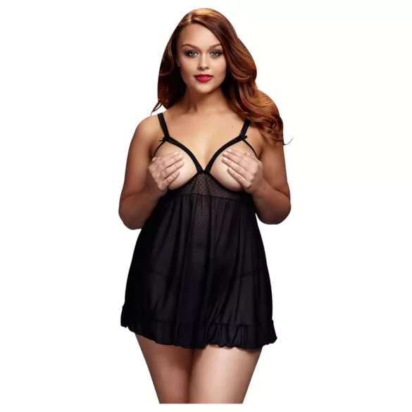 BACI Plus Size - nyitott, pöttyös babydoll (fekete, XL-XXL)